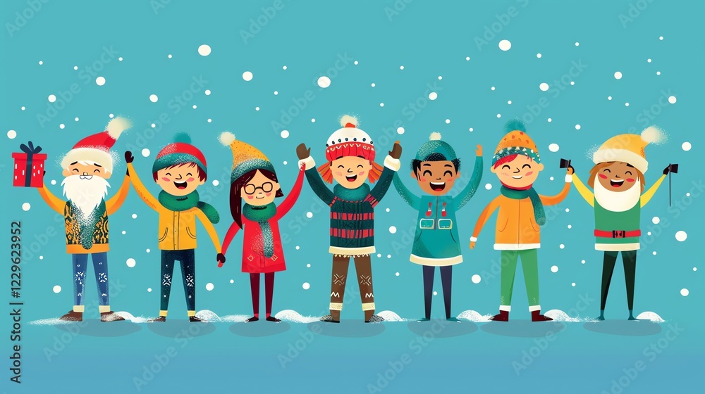Fototapeta premium A group of cartoon children in winter clothes, smiling and holding hands.