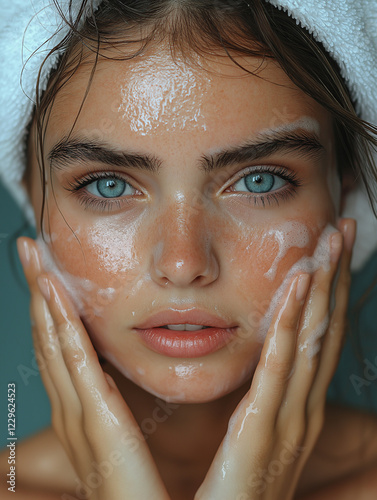 Nahaufnahme eines nassen Gesichts mit Wassertropfen. Natürlicher Beauty-Look, strahlend blaue Augen und frische Ausstrahlung photo