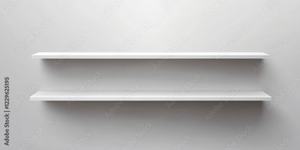 Empty White Shelves: Two sleek, minimalist floating shelves against a clean backdrop, providing a blank canvas for product display or design inspiration. Empty White Shelves: Two sleek, minimalist floating shelves against a clean backdrop, providing a blank canvas for product display or design inspiration.