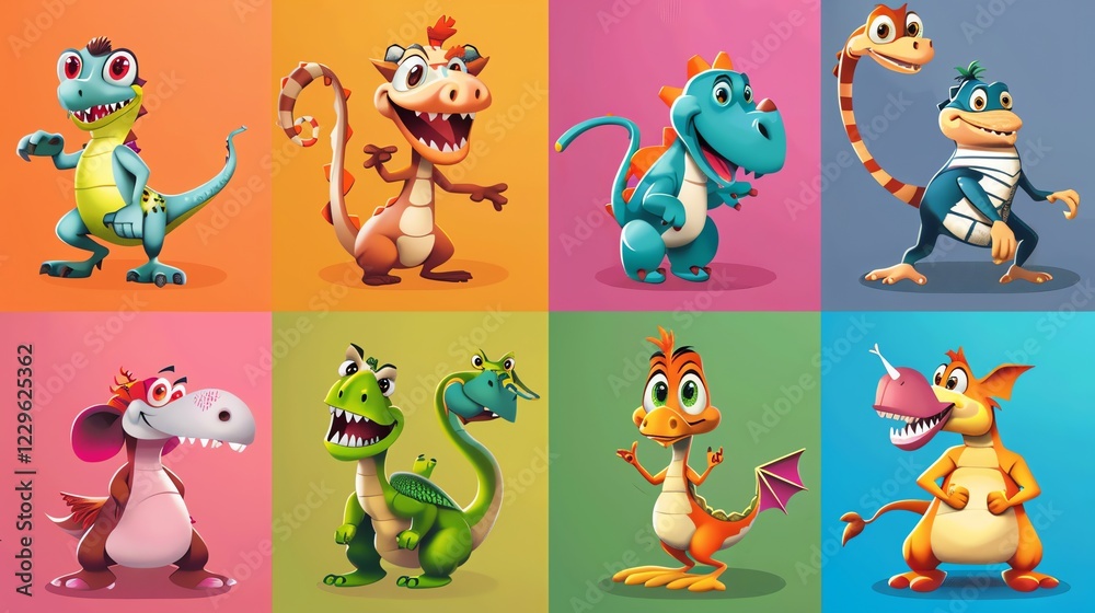 Fototapeta premium A set of eight different cartoon dinosaurs, each with a different color and design.