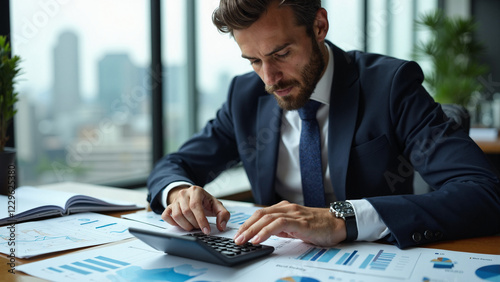 Businessman Analyzing Financial Data on Calculator in Modern Office for Finance Consulting and Educational Materials photo