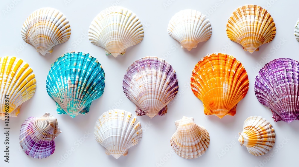A collection of colorful seashells on a white background. A collection of colorful seashells on a white background.