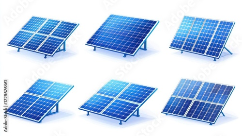 Solar panels at various angles on white background for energy generation