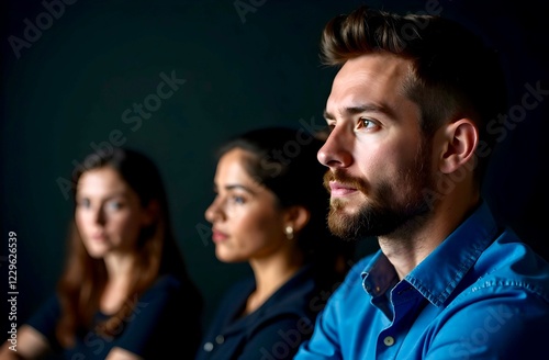 Group of People Witnesses During Police Interrogation, Focused Body Language, Caucasian and Hispanic Professionals in Serious Discussion, Judicial or Legal Proceedings, Testimony, Courtroom Situation. photo