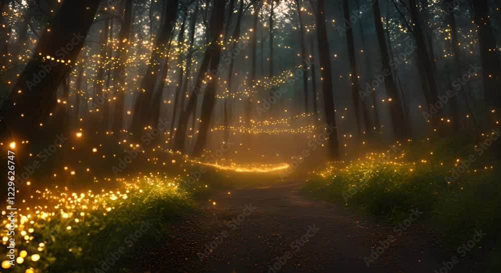 Magical forest pathway illuminated by glowing lights during twilight Magical forest pathway illuminated by glowing lights during twilight