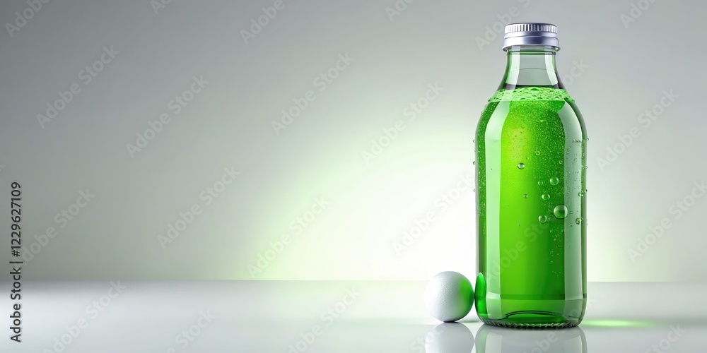 Realistic 3D render of an empty green cosmetic or beverage bottle on a white background, showcasing clean design.