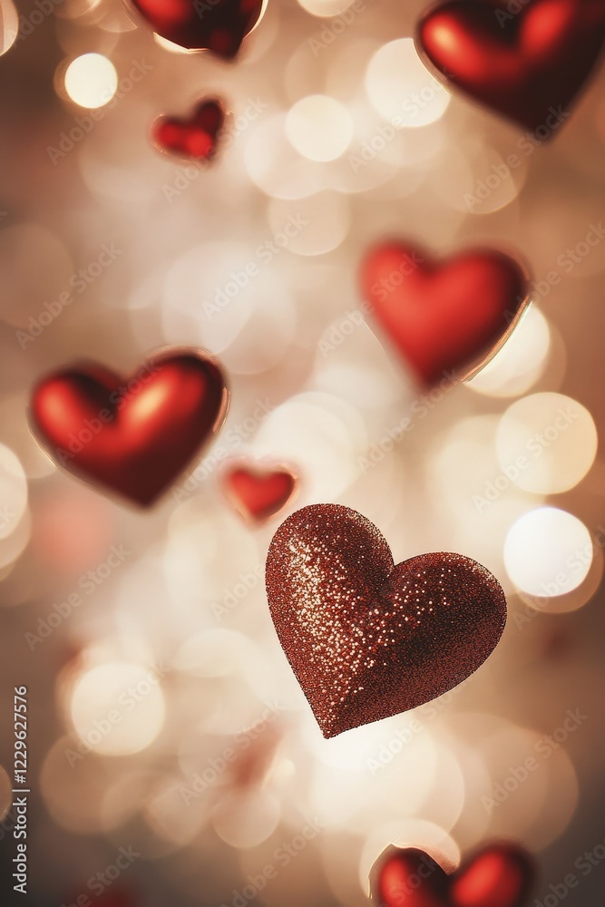 Hearts in various shades of red floating against a blurred background of soft bokeh lights, symbolizing love, romance, and celebration for Valentines Day. Hearts in various shades of red floating against a blurred background of soft bokeh lights, symbolizing love, romance, and celebration for Valentines Day.