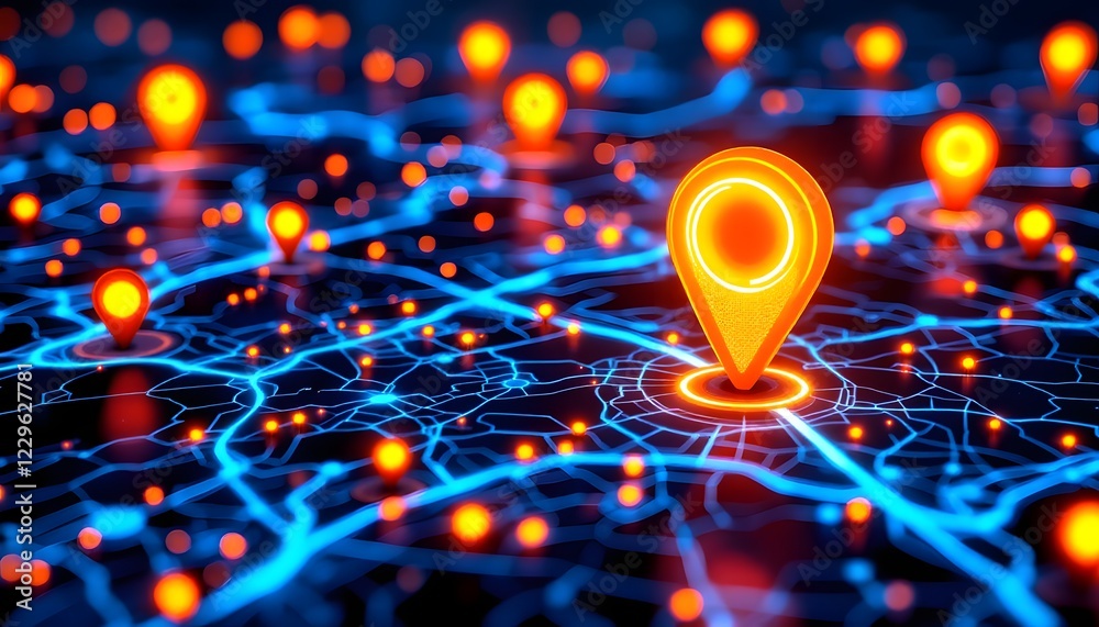 Digital Map Highlighting Locations with Glowing Markers and Connections Digital Map Highlighting Locations with Glowing Markers and Connections