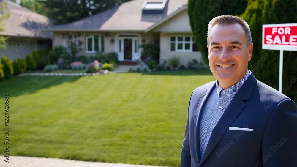 Smiling real estate agent in front of a house with a for sale sign in sunny suburban neighborhood