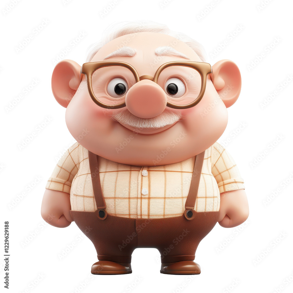 Naklejka premium A cheerful cartoon grandpa figure with glasses and suspenders, radiating warmth and charm., isolated on a transparent background.