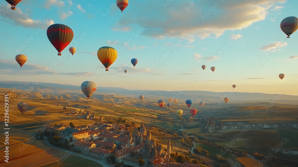 Obraz premium Colorful Hot Air Balloons Floating Over Scenic Landscape at Sunset