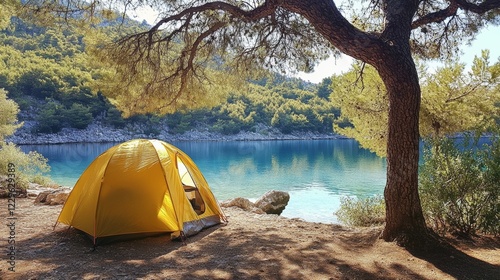 A serene budget-friendly campsite near a crystal-clear lake under the summer sun, highlighting affordable travel options,