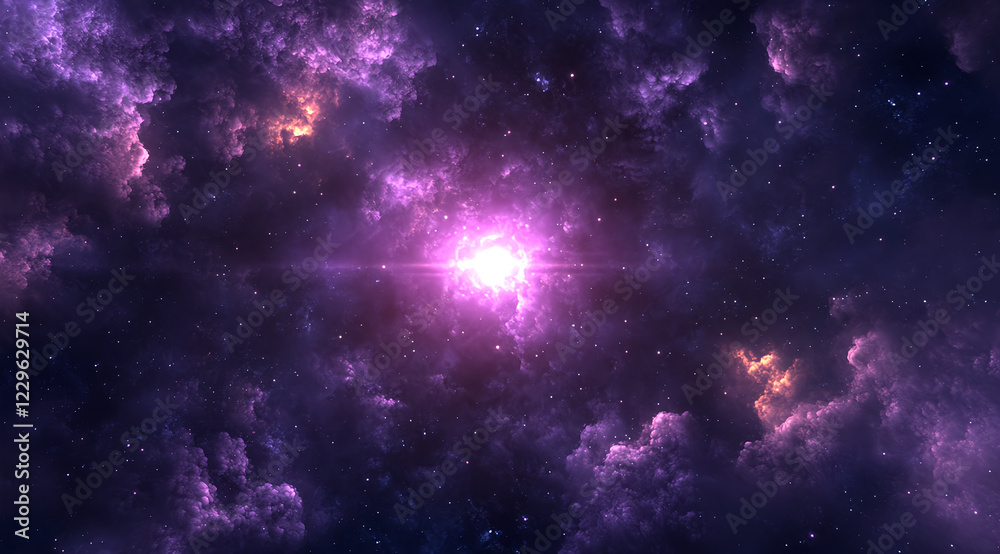 Obraz premium A breathtaking purple sky with clouds, a radiant sun setting in the background, creating an enchanting and dreamy atmosphere. The scene is captured from above, looking down at vast clouds, evoking