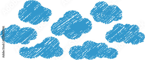Hand drawn pencil drawing of clouds in pastel color. Children's sketch chalk drawing. Grunge image of the heaven.