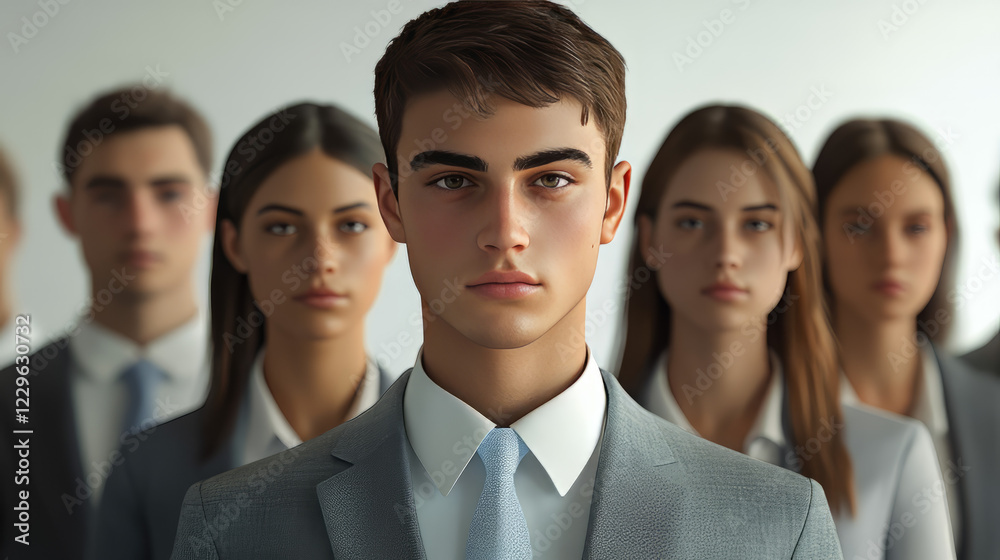 confident team of five young professionals in modern business attire. The group includes a central male figure with a light blue tie and women on either side confident team of five young professionals in modern business attire. The group includes a central male figure with a light blue tie and women on either side