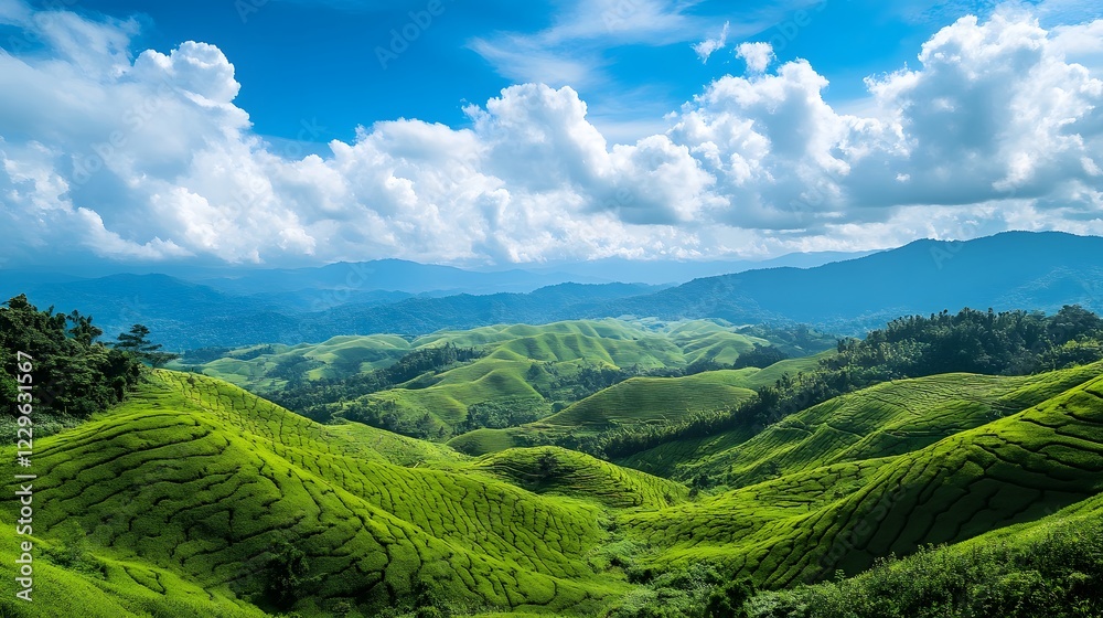 Obraz premium Lush Green Rolling Hills Under Bright Clouds and Blue Sky Landscape