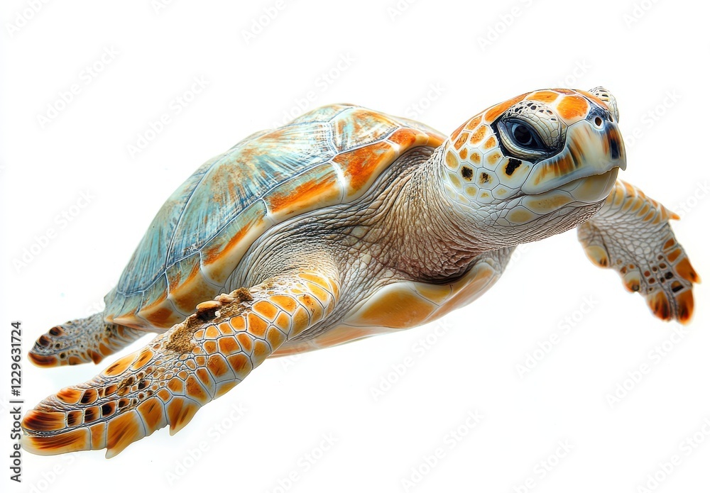 Fototapeta premium Graceful sea turtle swimming through clear waters with vibrant orange and intricate patterns showcasing marine life in stunning detail and serenity