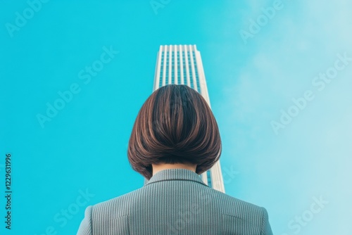 A Person Standing at the Base of a Tall Skyscraper, Representing Success and Wealth with a Clear Blue Sky Above photo