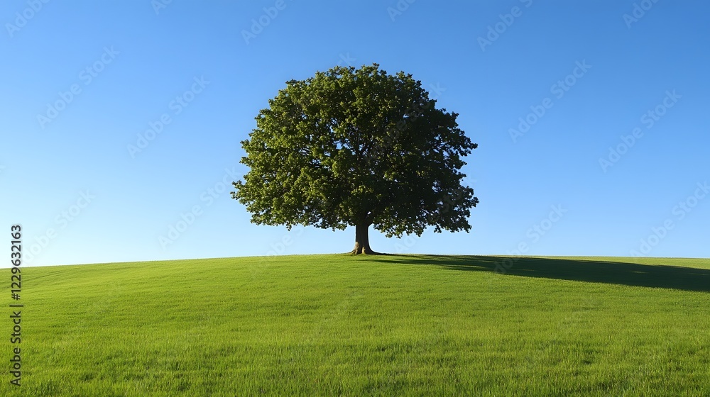 Obraz premium Solitary Oak Tree on Lush Green Hill Under Clear Blue Sky