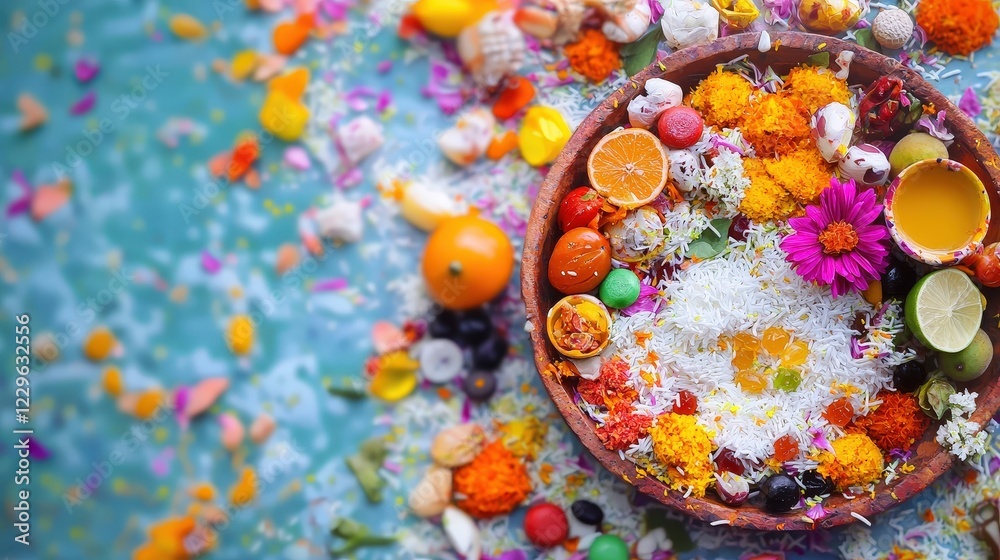 Colorful Festival Rice Offering in Bowl Colorful Festival Rice Offering in Bowl