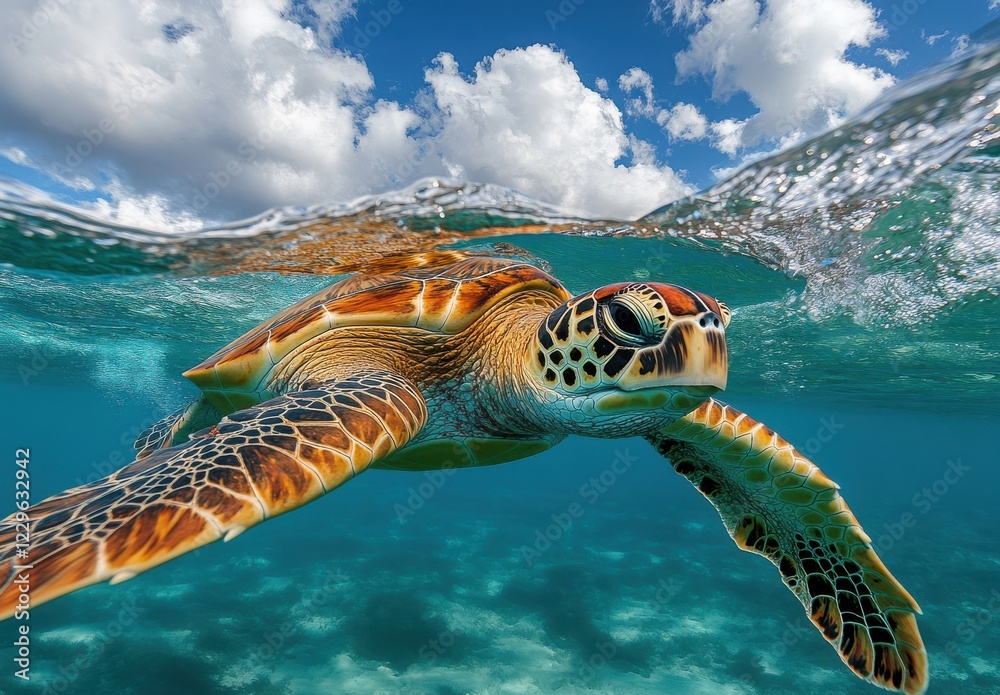Fototapeta premium Graceful Sea Turtle Swimming Underwater with Vibrant Coral Reef and Clear Blue Ocean in the Background on a Beautiful Sunny Day