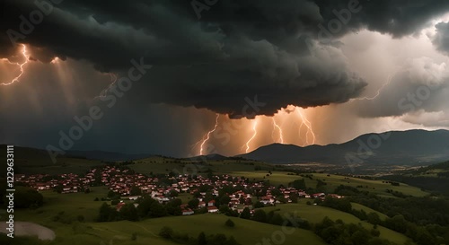 Dramatic Lightning Storm Over a Mountain Village