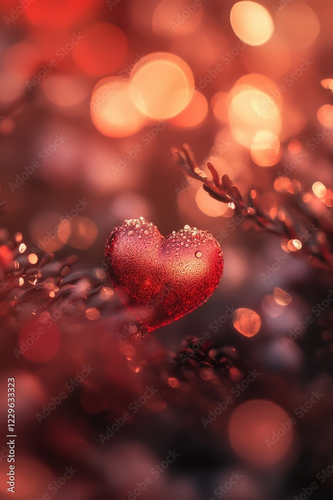 Heart-shaped decoration with water droplets surrounded by glowing bokeh lights, perfect for romantic settings, Valentines Day themes, and cozy atmospheres. Heart-shaped decoration with water droplets surrounded by glowing bokeh lights, perfect for romantic settings, Valentines Day themes, and cozy atmospheres.