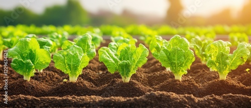 Green crops growing in a vast agricultural field under clear blue sky photo