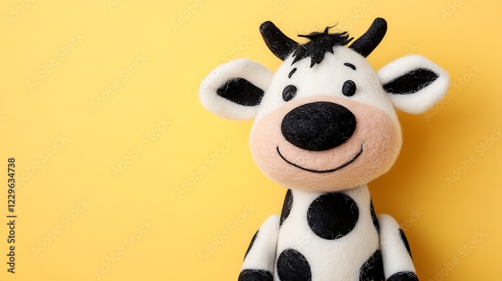 Naklejka premium Adorable Felt Cow Toy Against Yellow Background