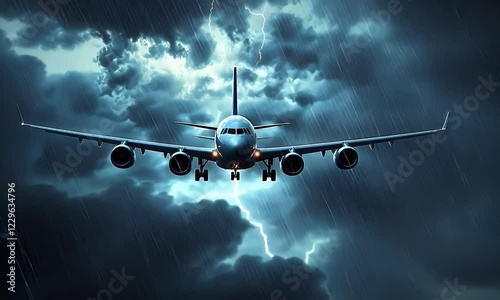 An airplane flying through a stormy sky with lightning and heavy rain.