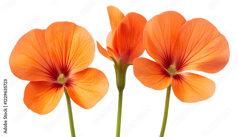 A long stem of an orange geranium flower with two flowers isolated on a white background, a PNG photo stock image, cutout. A long stem of an orange geranium flower with two flowers isolated on a white background, a PNG photo stock image, cutout.