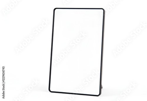 A full length mockup tablet with a sleek black frame stands on a white background. Its rectangular shape is simple and modern, ideal for any room. photo