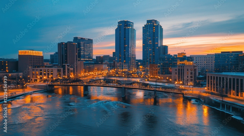 Fototapeta premium La Crosse Wisconsin at Sunset: Cityscape Panorama