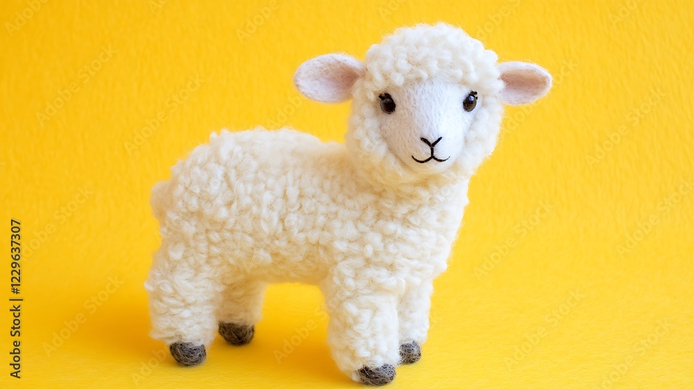 Fototapeta premium Adorable Fluffy Lamb Toy Against Yellow Background