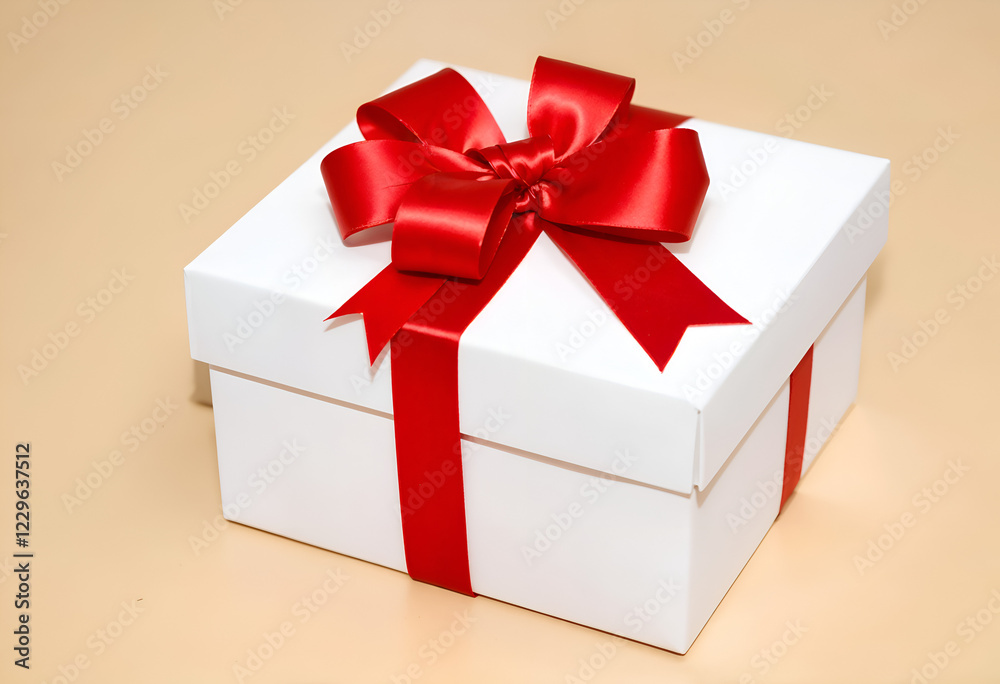 Fototapeta premium A pristine white gift box adorned with a vibrant red satin ribbon bow. The box sits on a pale beige background, suggesting a celebratory occasion.