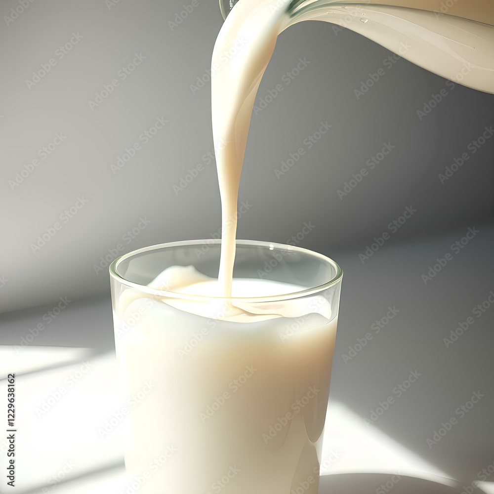 A smooth, creamy stream of fresh milk cascades from a glass bottle into a clear, tall glass. The milk glistens under soft lighting, creating a mesmerizing flow as it fills the glass. Tiny droplets spl A smooth, creamy stream of fresh milk cascades from a glass bottle into a clear, tall glass. The milk glistens under soft lighting, creating a mesmerizing flow as it fills the glass. Tiny droplets spl