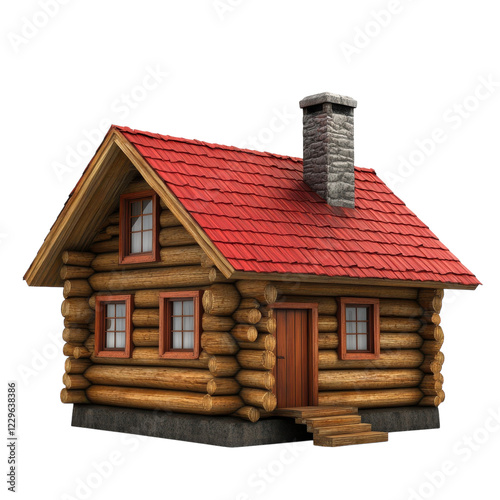 Cozy Log Cabin Winter Scene on transparent background.