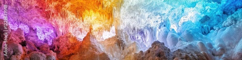Vibrant multicolored stalactites and stalagmites in an abstract cave formation