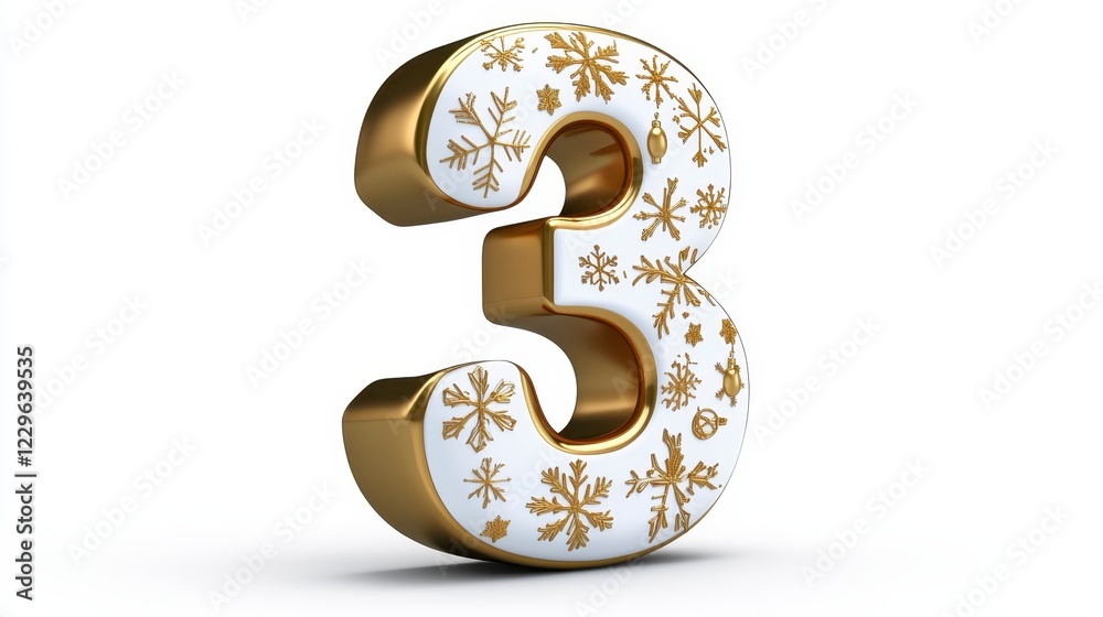 Naklejka premium Gold and White Number Three with Snowflakes for Christmas Decoration