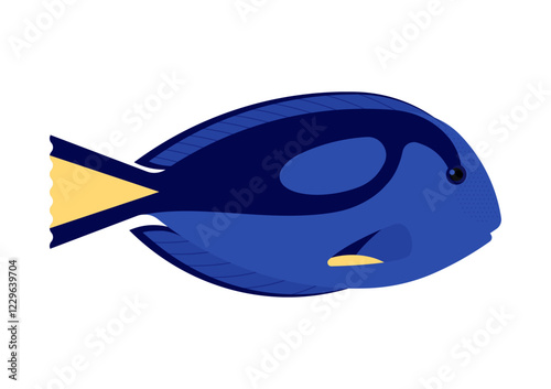 Blue coral reef fish. Surgeonfish, Blue tang , side view, ocean fish. Biological name - Paracanthurus. Simplicity vector illustration, isolated on white background.