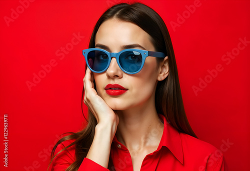A beautiful woman with long brown hair models blue sunglasses and a red shirt against a vibrant red background. Her pose is elegant and confident.