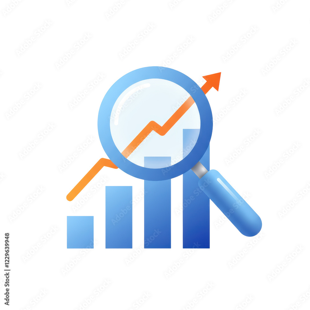Detailed flat design of a magnifying glass over a bar chart with arrows pointing upwards representing analysis Detailed flat design of a magnifying glass over a bar chart with arrows pointing upwards representing analysis