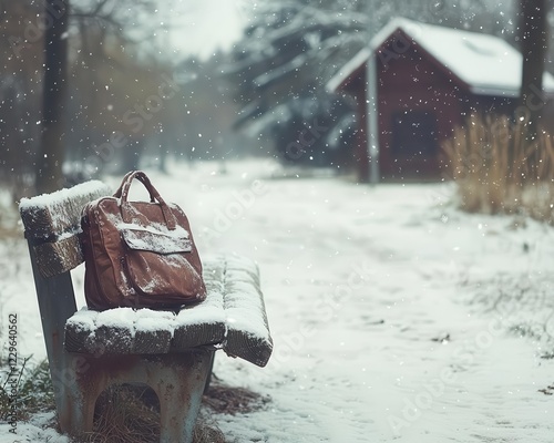 Child's school bag left on a snowy bench at a rural bus stop, loneliness and disruption of routines, soft winter tones. photo