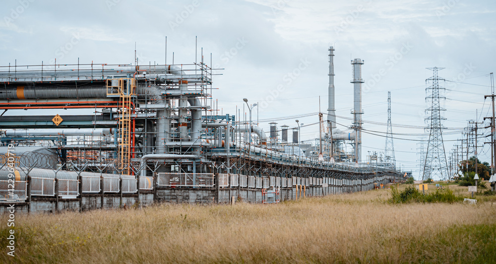 Industrial complex in operation at dusk with tall grass in the foreground and power lines in the background Industrial complex in operation at dusk with tall grass in the foreground and power lines in the background