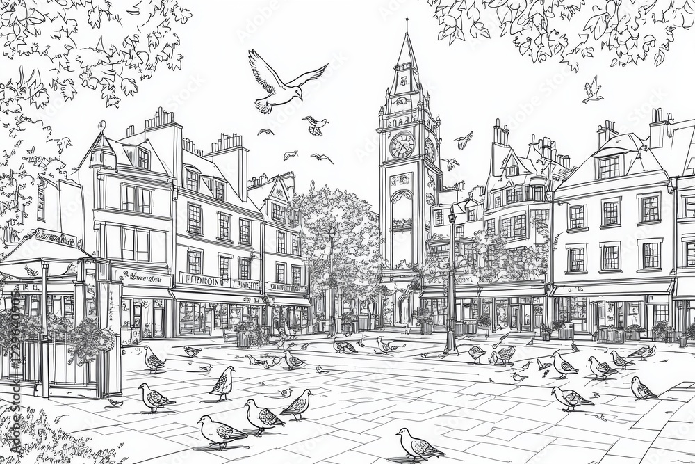 Fototapeta premium Elegant European Cityscape Drawing