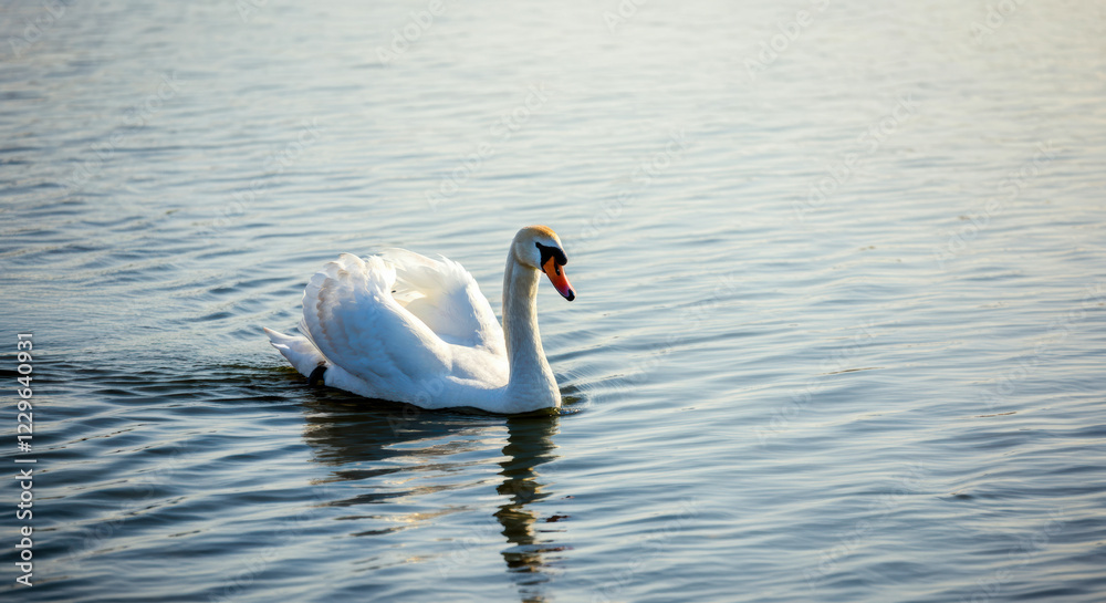 Obraz premium Elegant swan glides across calm waters during a serene afternoon in a peaceful lake setting