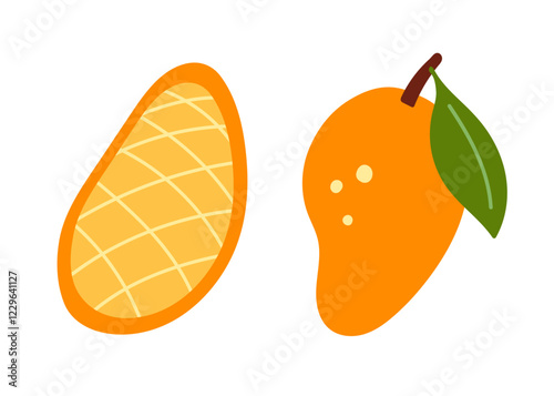 Mango half and whole tropical fruit vector set