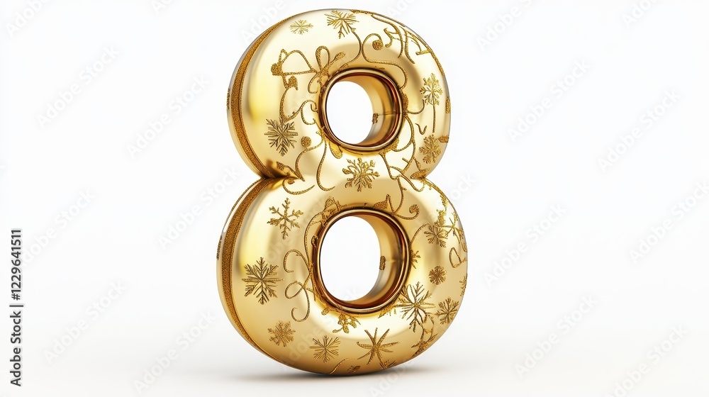 Golden Number Eight with Decorative Snowflakes on a White Background Golden Number Eight with Decorative Snowflakes on a White Background
