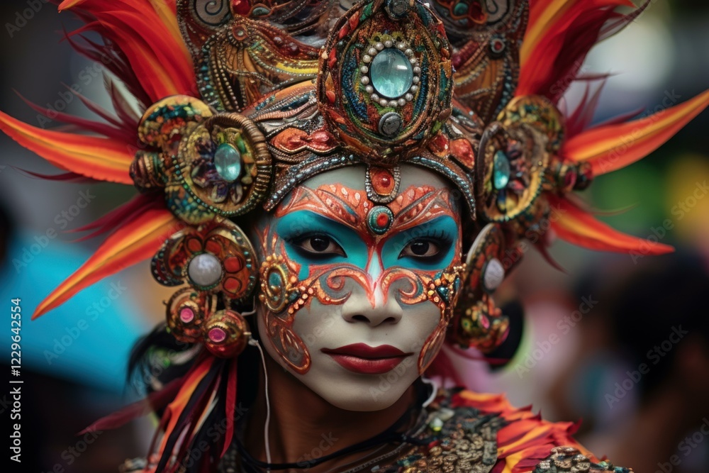Close up of a street performer with elaborate makeup and costume participating in a vibrant festival Close up of a street performer with elaborate makeup and costume participating in a vibrant festival