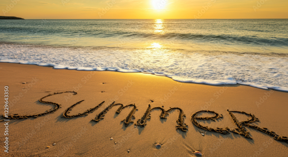 Fototapeta premium Warm sunset over a beach with summer written in the sand during golden hour